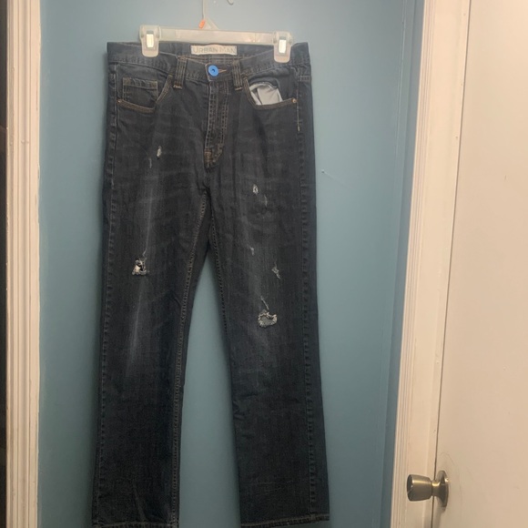 Urban Man Men's Straight Dark Blue Distressed Jeans - Picture 2 of 7